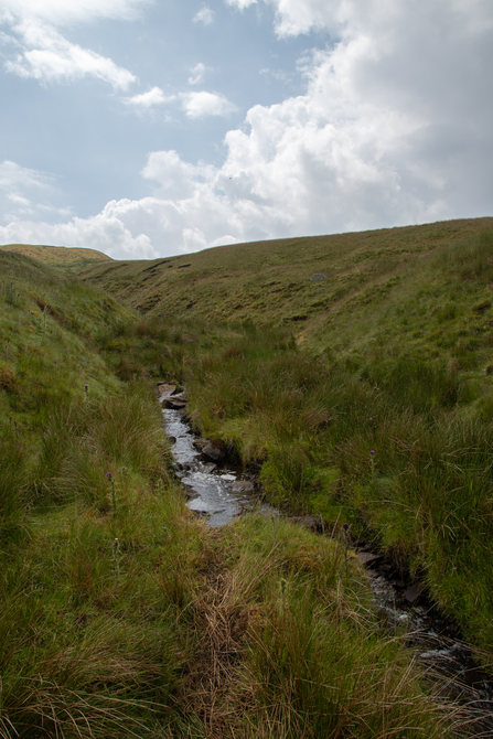 Small stream with grassy hills on either side.