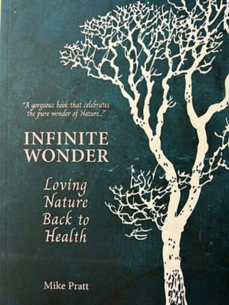 Cover of Mike Pratts book, with dark turquoise background, and a large silhouette of a tree on the right-hand-side of the cover.