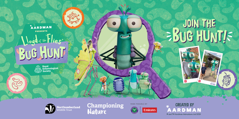 This is promotional material for a "bug hunt" based on the Aardman Animations series, *Lloyd of the Flies*.  The image features cartoon bugs, including the main character Lloyd, a friendly-looking stick insect, prominently displayed in a magnifying glass.  Smaller cartoon bugs are shown alongside him.  There are also photos of children participating in real-world bug hunts with augmented reality overlays of the cartoon bugs.