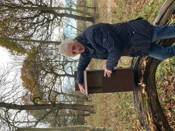 Woolsington resident John Littleton with one of the nest boxes, image Lynette Friend