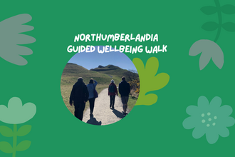 A green background with cartoon flowers, a round cut-out of of people walking and the words 'Northumberlandia guided wellbeing walk' in white.