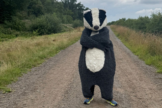 A person in a badger costume stands on a dirt path surrounded by grass and trees.