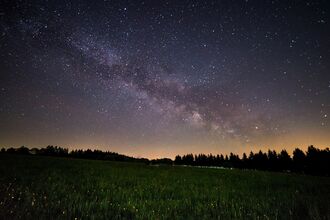 The Milky Way in the dark sky above a field of trees and grass. Image by Evgeni T.