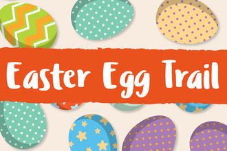 A banner featuring colourful patterned Easter eggs scattered across a light background. In the centre, an orange paint‑style rectangle contains white text that reads “Easter Egg Trail”.