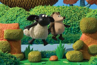 Timmy and Apricot jumping, with a hedge behind them. Image by Aardman Animation.