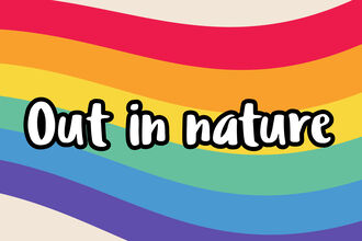 A graphic banner with a flowing rainbow design across a pale background. In the centre, bold rounded text reads “Out in nature.”