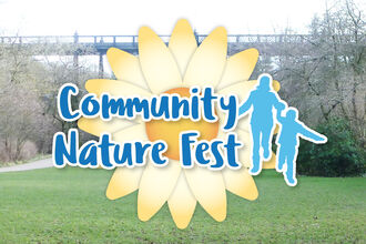 Banner reading ‘Community Nature Fest’ over a park scene, with a flower graphic and silhouettes of two people walking.