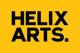 Yellow banner with large bold black text reading “HELIX ARTS.” centred on a plain background.
