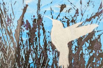 Abstract painting of a white hummingbird in flight above dark grasses and wildflowers, set against a bright blue sky with textured black and purple brushstrokes.