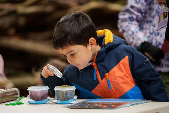 A child in a colourful outdoor jacket uses a magnifying glass to examine small containers of natural materials on a table during a nature-themed activity.