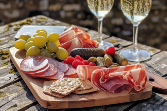 Charcuterie board with cured meats, grapes, crackers, olives, and berries on a rustic outdoor table, beside two glasses of sparkling wine with a blurred countryside view in the background.