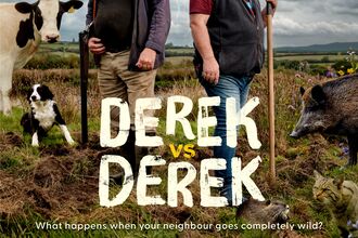 Movie poster for Derek vs Derek: two rural landowners stand in a field under storm clouds and lightning, surrounded by farm and wild animals, with the title “Derek vs Derek” and the tagline “What happens when your neighbour goes completely wild?” displayed below.