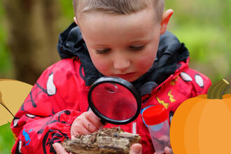 Person in a red jacket uses a magnifying glass to examine a piece of bark outdoors, surrounded by illustrated pumpkins, bats, and spiders in a Halloween-themed scavenger hunt banner.