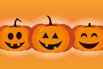 Three smiling cartoon Halloween pumpkins with different jack-o’-lantern faces on an orange background.