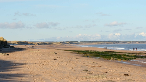 A photograph of Cresswell Foreshore, a sandy beach with sand dunes in the distance and clear blue waters, with waves crashing on the beach and figures walking. 