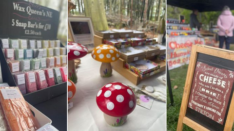 Five images side by side of a outdoor food and craft market