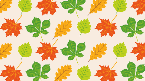 A repeating pattern of four leaves, one light green, one dark green, one light orange and one dark orange.