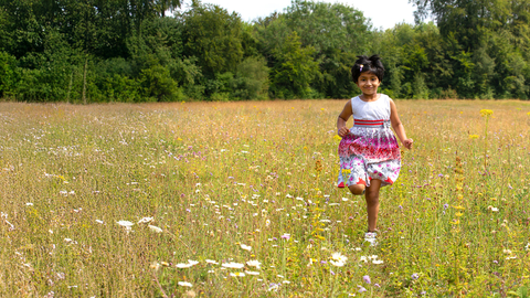 A young girl in a pink and white dress runs towards the camera through a flower meadow.