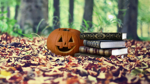 A pumpkin and a stack of books sit on a woodland floor surrounded by fallen autumn leaves.