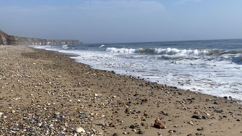 Pebble-covered sandy beach with gentle waves and distant cliffs under a clear blue sky.