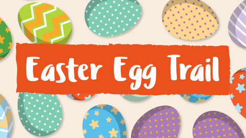 A banner featuring colourful patterned Easter eggs scattered across a light background. In the centre, an orange paint‑style rectangle contains white text that reads “Easter Egg Trail”.