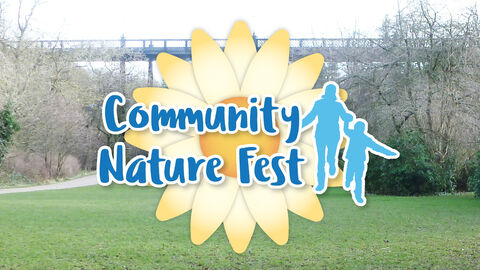 Banner reading ‘Community Nature Fest’ over a park scene, with a flower graphic and silhouettes of two people walking.