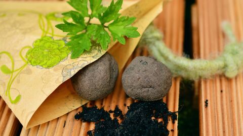 Small soil seed balls with a sprouting green plant on a wooden surface, partly wrapped in decorative paper, with loose soil and gardening items nearby.