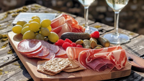 Charcuterie board with cured meats, grapes, crackers, olives, and berries on a rustic outdoor table, beside two glasses of sparkling wine with a blurred countryside view in the background.