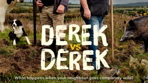 Movie poster for Derek vs Derek: two rural landowners stand in a field under storm clouds and lightning, surrounded by farm and wild animals, with the title “Derek vs Derek” and the tagline “What happens when your neighbour goes completely wild?” displayed below.