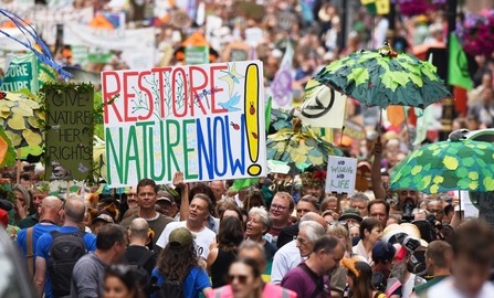 Large group of people marching. Some with umbrellas with green paper leaves stuck on. Many signs and placards, largest reads RESTORE NATURE NOW. Restore in red above nature in green and now in blue with a large yellow exclamation mark.