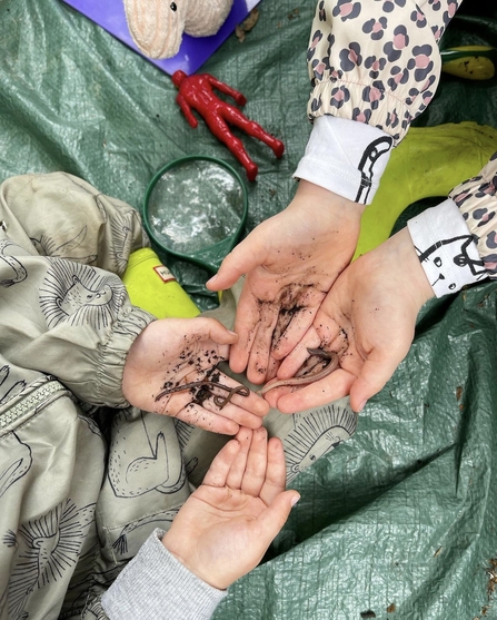 Four hands holding worms. Image by Rhiannon Studholme.