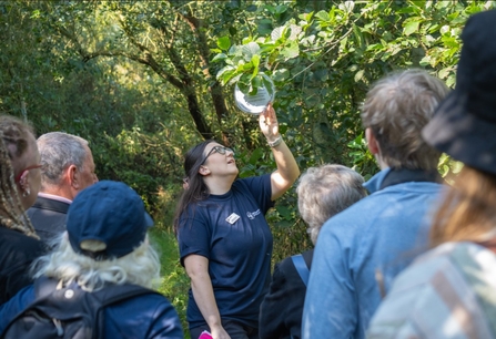 A group of people in woodland following a guide on a trail.