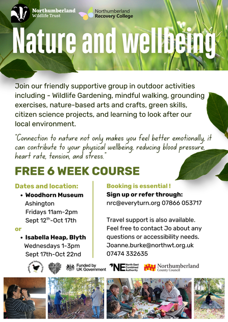 The image is a flyer advertising a free 6-week course called "Nature and Wellbeing" offered by the Northumberland Wildlife Trust and Northumberland Recovery College. The course includes activities such as wildlife gardening, mindful walking, nature-based arts and crafts, and citizen science projects. The flyer includes information on the dates, times, and locations of the course, as well as contact information for booking and accessibility questions.