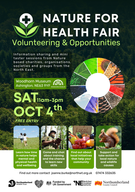 This is an advertisement for a "Nature for Health Fair" on Saturday, October 4th, from 11 am to 3 pm at the Woodhorn Museum in Ashington. The fair includes volunteering opportunities, information, sharing, and mini taster sessions from nature-based charities, organisations, societies, and groups from the North East. Free entry.