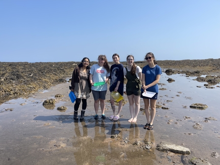 A small group of smiling young people standing in rockpools surrounded by seaweed with a blue sky behind them.