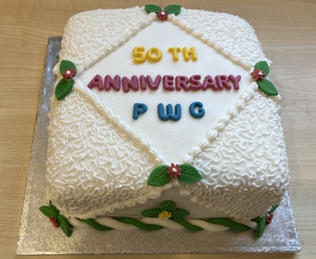A square cake is seen on a silver stand; the cake is decorated with a white frosting design on the sides, with a border resembling lace. In the center, "50TH ANNIVERSARY" is written in red and yellow, with "PWC" below in blue icing. The cake is further decorated with red flowers and green leaves.