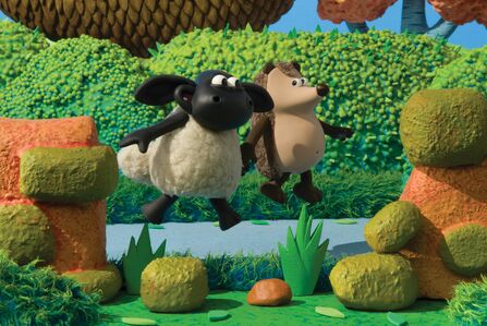 Timmy and Apricot jumping, with a hedge behind them. Image by Aardman Animation.