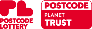 Red Postcode Lottery logo alongside red Postcode Planet Trust logo.