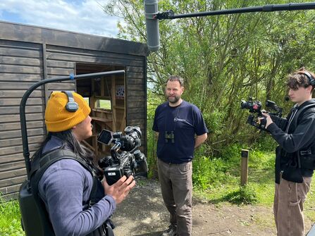Film crew recording an outdoor interview beside a wooden wildlife hide, with a person speaking while two camera operators and a boom microphone capture audio and video.