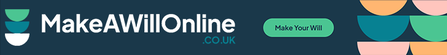 MakeAWillOnline.co.uk banner featuring the company logo and a green “Make Your Will” button on a dark blue background with decorative geometric shapes.
