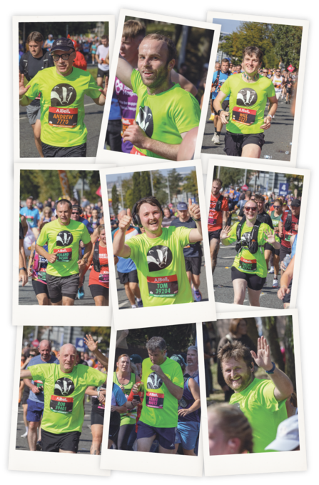 Collage of nine photos showing participants in a road race, all wearing bright green charity T-shirts with a badger logo, running through crowded city streets during a marathon event.