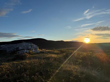 Sun setting over rolling hills, with rocky grassland in the foreground and wispy clouds in a clear blue sky, casting warm golden light across the landscape.