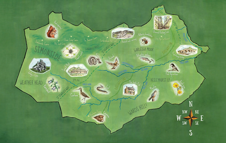 An illustrated map showing the area of The Rothbury Estate which is in the rough shape of a heart. Key things highlighted in the illustrations are curlews, red squirrel, bilberry bumblebee, merlin and The Gate Pub, amongst others.