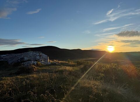 Sun setting over rolling hills, with rocky grassland in the foreground and wispy clouds in a clear blue sky, casting warm golden light across the landscape.